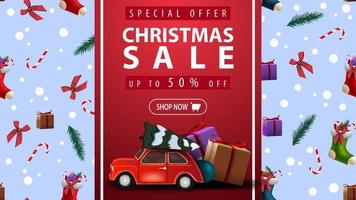 Special offer, Christmas sale, up to 50 off, beautiful discount banner with red vertical ribbon, Christmas texture on background and red vintage car carrying Christmas tree vector