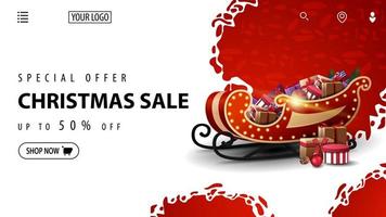 Special offer, Christmas sale, up to 50 off, white and red discount banner for website with Santa Sleigh with presents vector