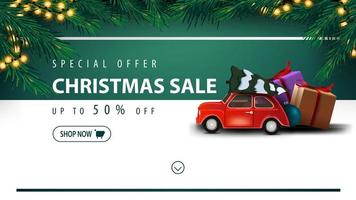 Special offer, Christmas sale, up to 50 off, white and green discount banner with button, frame of Christmas tree, garland, horizontal stripe and red vintage car carrying Christmas tree vector