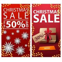 Christmas sale, up to 50 off, red vertical discount banners with paper snowflakes and presents with price tag vector