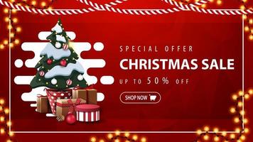 Special offer, Christmas sale, up to 50 off, red discount banner with abstract liquid shape, garland and Christmas tree in a pot with gifts vector