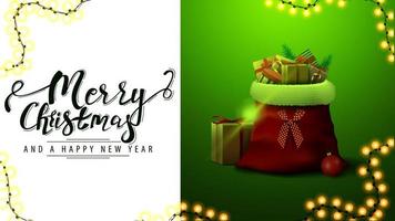 Merry Christmas and happy New Year, white and green card for website with garland and Santa Claus bag with presents vector