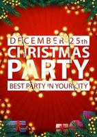 Christmas party, best party in your city, poster with red background, frame of Christmas tree branches, garlands and presents vector