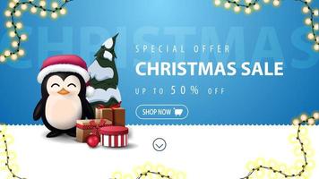 Special offer, Christmas sale, up to 50 off, blue and white discount banner for website with wavy line, garland, penguin in Santa Claus hat with presents and Christmas tree vector