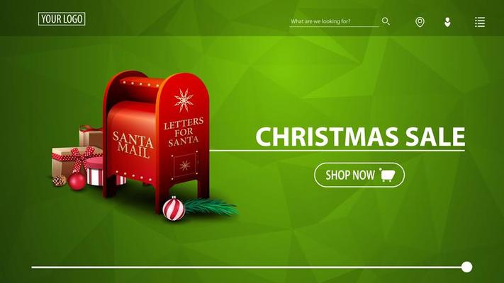 Christmas sale, green discount banner for website with polygonal texture and Santa letterbox with presents