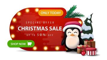 Only today, special offer, Christmas sale, up to 50 off, red abstract shape discount banner with bulb lights, green button and penguin in Santa Claus hat with presents isolated on white background vector