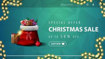 Special offer, Christmas sale, up to 50 off, blue discount banner for website with polygonal texture, garland and Santa Claus bag with presents vector