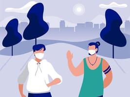 Men with masks at park in front of city buildings vector design