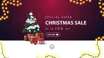 oferta especial, venta de navidad, hasta 50 de descuento, banner de descuento morado y blanco para sitio web con línea ondulada, guirnalda y árbol de navidad en una maceta con regalos vector