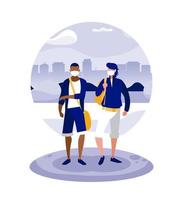 Men with masks at park in front of city buildings vector design