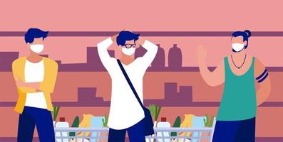 Men with masks in the supermarket in front of shelves vector design