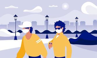 Men with masks at park in front of city buildings vector design