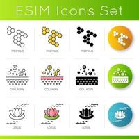 Cosmetic ingredient icons set. Propolis honeycombs. Lotus flower. Collagen filler formula. vector