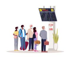 Crowd in airport terminal lobby semi flat RGB color vector illustration. Plane delayed.