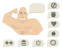 Bodybuilder torso with speech bubbles. Tense face vector