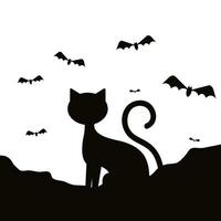 silueta de gato de halloween con murciélagos volando vector