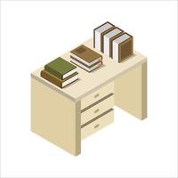 Escritorio con libros isométricos sobre fondo blanco. vector