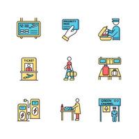 Airport terminal RGB color icons set. Flight information panel. Priority pass. Security check luggage. Ticket for airplane. Passenger boarding process. Isolated vector illustrations