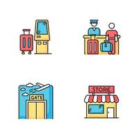 Airport terminal RGB color icons set. Self service kiosk to check in. Boarding registration desk. Gate window. Airplane departure. Duty free store. Checked baggage. Isolated vector illustrations