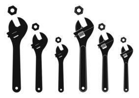 Set of mechanical wrenches with nuts. Silhouettes vector