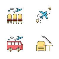 Airport terminal RGB color icons set. Waiting area for passengers. Aircraft lounge with empty seats. Airplane departure. Smoking zone inside. Journey destination. Isolated vector illustrations