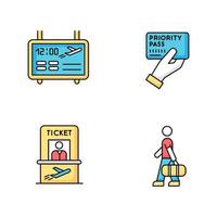 Airport terminal RGB color icons set. Flight information on electronic scoreboard. Male passenger with luggage. Timetable for departure. Ticket for plane. Priority pass. Isolated vector illustrations