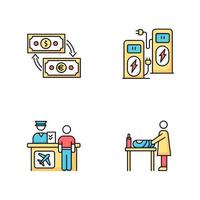 Airport terminal RGB color icons set. Money exchange. Power recharge. Self service kiosk. Check in desk for flight. Changing table for mother and baby. Isolated vector illustrations