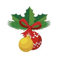 balls christmas with bow ribbon and leafs vector