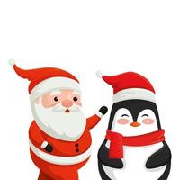 santa claus with penguin characters merry christmas vector