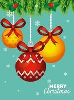 cartel de feliz navidad con bolas decorativas colgando vector