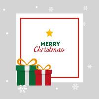 merry christmas card with gift boxes and square frame vector