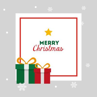 merry christmas card with gift boxes and square frame