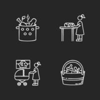 Babysitter service chalk white icons set on black background. Cooking food in pot. Woman changing baby diaper. Night time nanny. Babysitting set. Isolated vector chalkboard illustrations