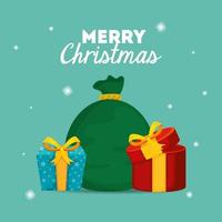 merry christmas poster with gift boxes and bags presents vector