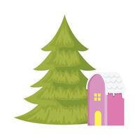Casa con nieve y pino icono aislado de navidad vector