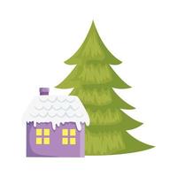 Casa con nieve y pino icono aislado de navidad vector