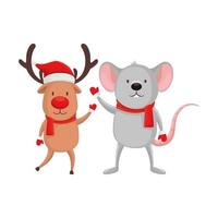 reno con ratón animales de feliz navidad vector