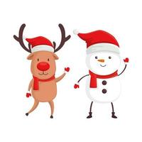 reindeer with snowman characters merry christmas vector