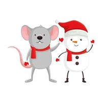 mouse with snowman character of merry christmas vector