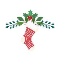 sock christmas decorative with branches and leafs vector