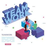 work team in meeting with puzzle pieces vector