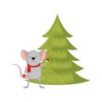 mouse with pine tree of merry christmas vector