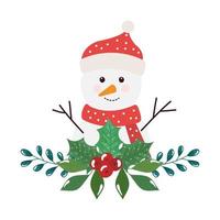 merry christmas snowman with leafs and seeds vector