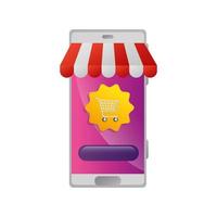 Smartphone con tienda de sombrillas y carrito de compras. vector