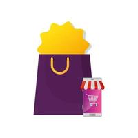 Bolsa de compras con smartphone y sombrilla. vector