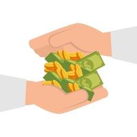 hand with coins and bills isolated icon vector