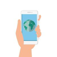 hand and smartphone with planet earth vector