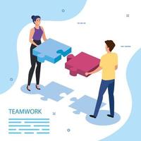work team couple with puzzle pieces vector