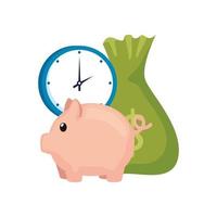 reloj con alcancía y bolsa de dinero vector