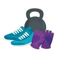 dumbbell with shoes of sport and fingerless gloves vector